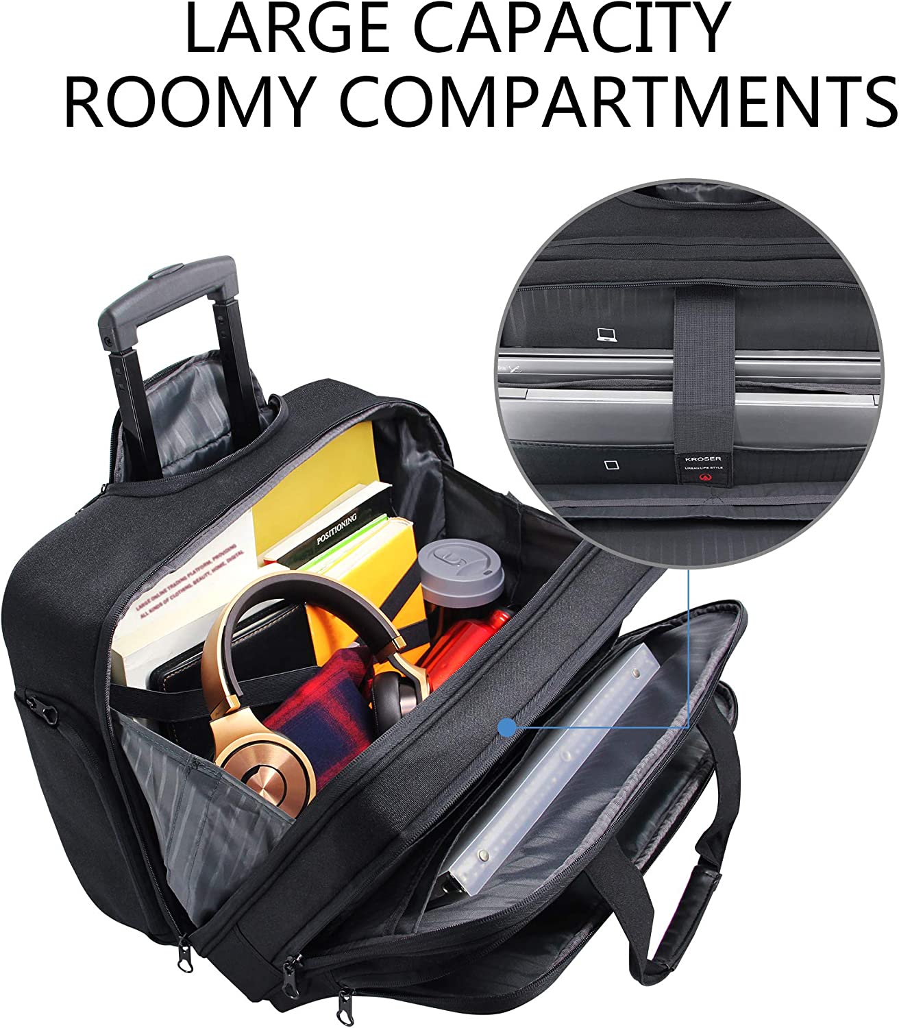 KROSER Rolling Laptop Bag Premium Wheeled Briefcase Fits Up to 17.3 Inch Laptop Water-Proof Overnight Roller Case Computer Bag with RFID Pockets for Travel/Business/School/Men/Women-Black - Image 3